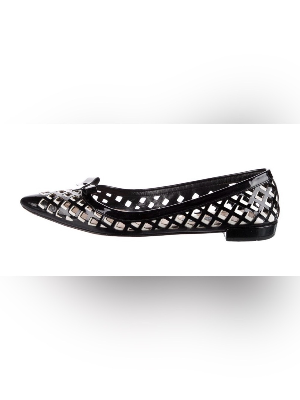 Prada Black Patent with White Accent, Pointed-Toe Cutout Flats, 6.5 - Picture 2 of 4